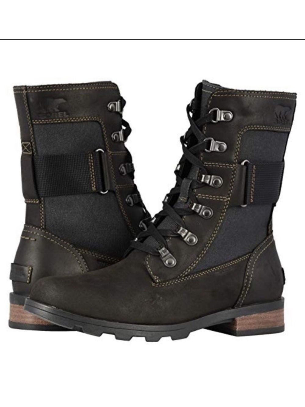Sorel Emelie Black LeatherLace-Up Combat Boots with Buckle Strap and Side Zip